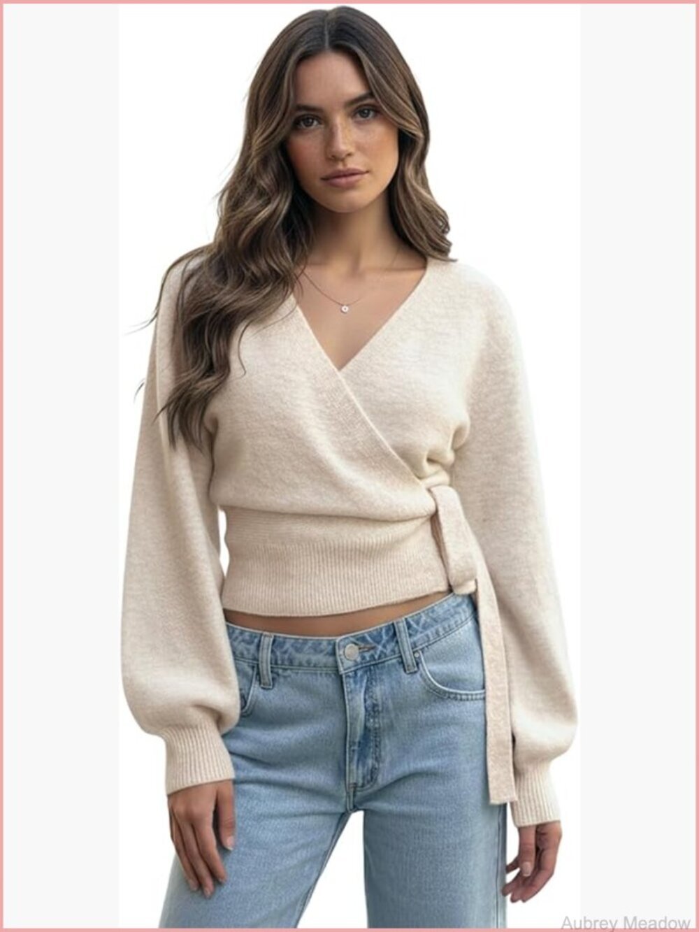 V-Neck Wrap Sweater Cinched Waist Tie Cardigan Knit Crop Top